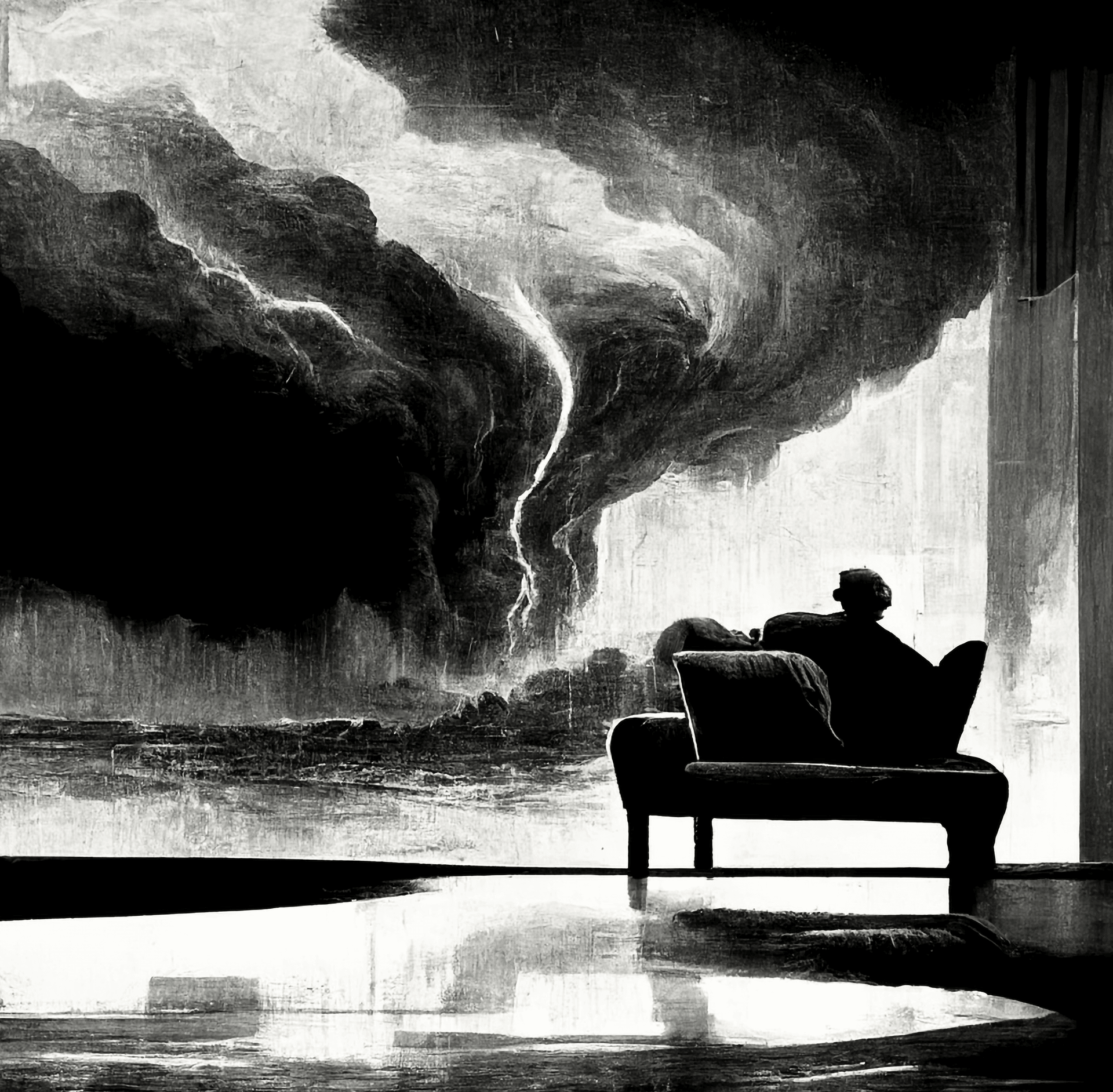 Prompt "man on couch storm black and white"