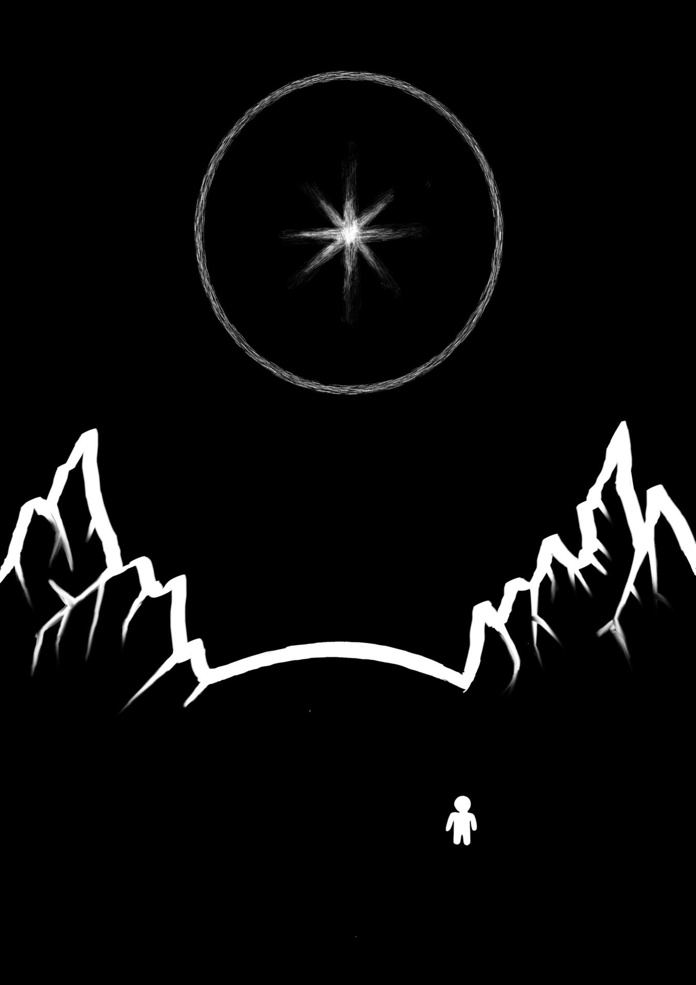 a black & white minimalistic artwork of a person looking at a bright star.